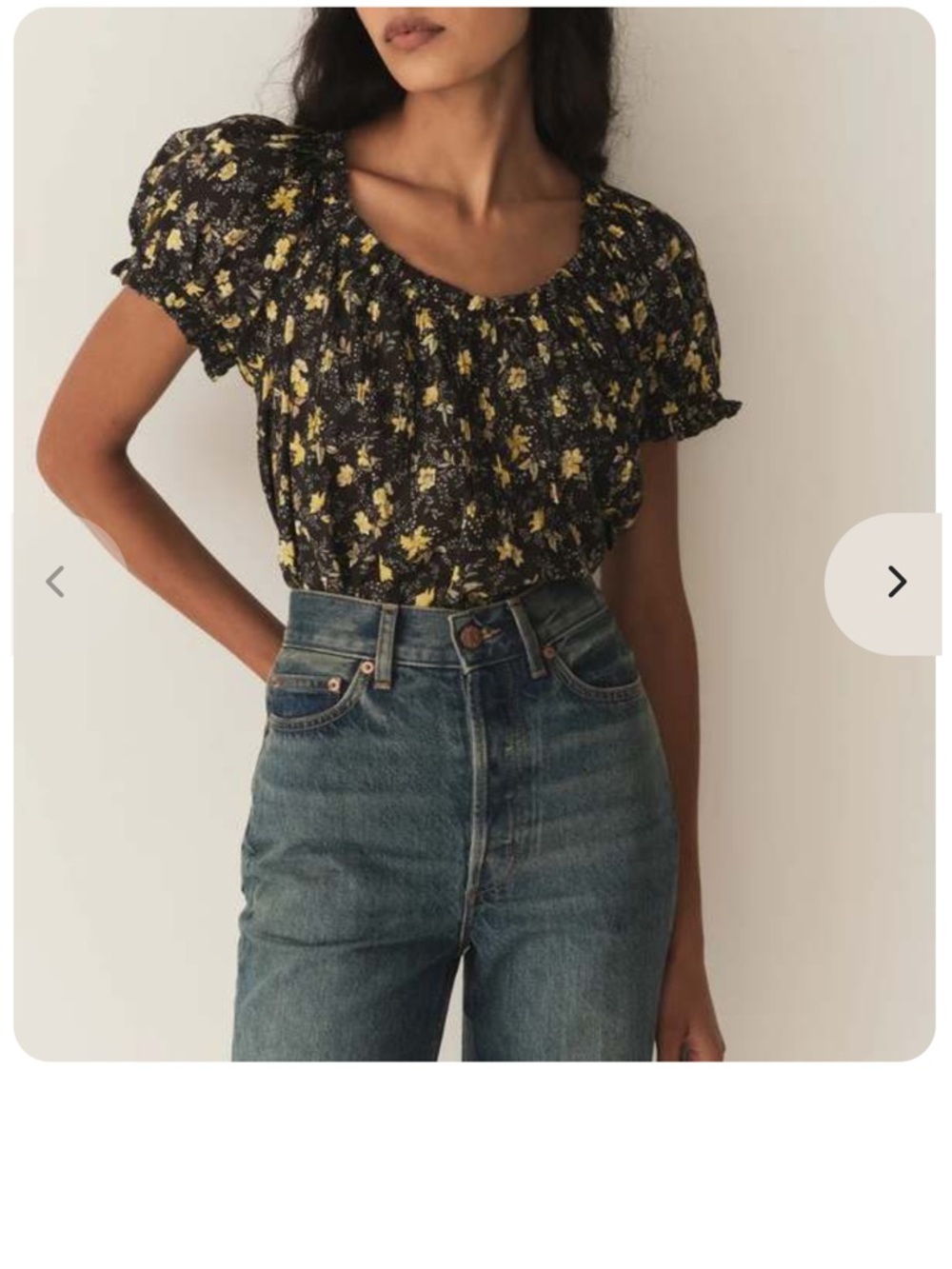 Doen Black Floral Smocked Short Sleeve Blouse with Yellow Accents